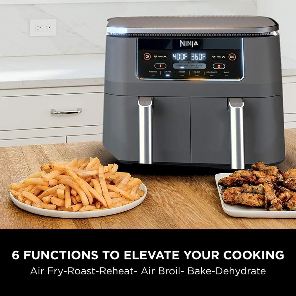 Ninja DZ201 Foodi 8 Quart DualZone 2-Basket Air Fryer for Quick Meals, Grey Color, 6 Functions in 1