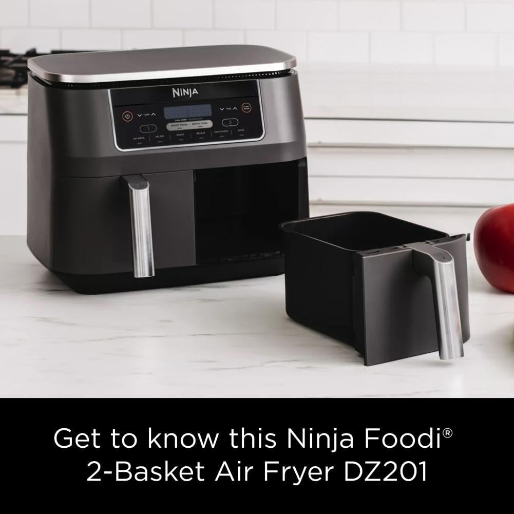 Ninja DZ201 Foodi 8 Quart DualZone 2-Basket Air Fryer for Quick Meals, Grey Color, 6 Functions in 1