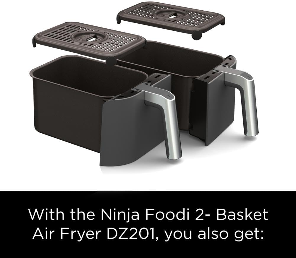 Ninja DZ201 Foodi 8 Quart DualZone 2-Basket Air Fryer for Quick Meals, Grey Color, 6 Functions in 1