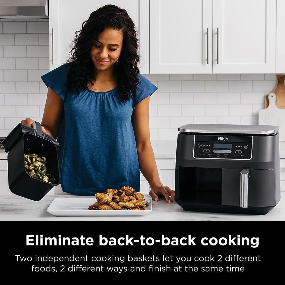Ninja DZ201 Foodi 8 Quart DualZone 2-Basket Air Fryer for Quick Meals, Grey Color, 6 Functions in 1