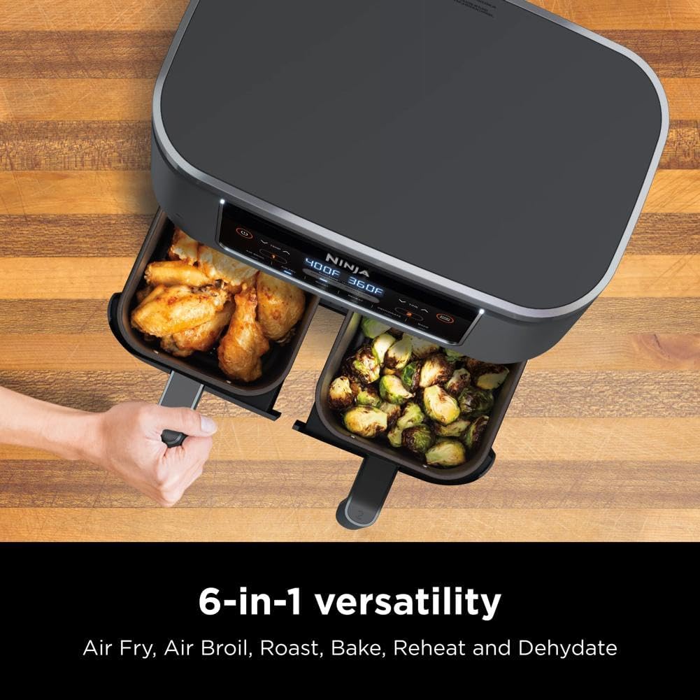 Ninja DZ201 Foodi 8 Quart DualZone 2-Basket Air Fryer for Quick Meals, Grey Color, 6 Functions in 1