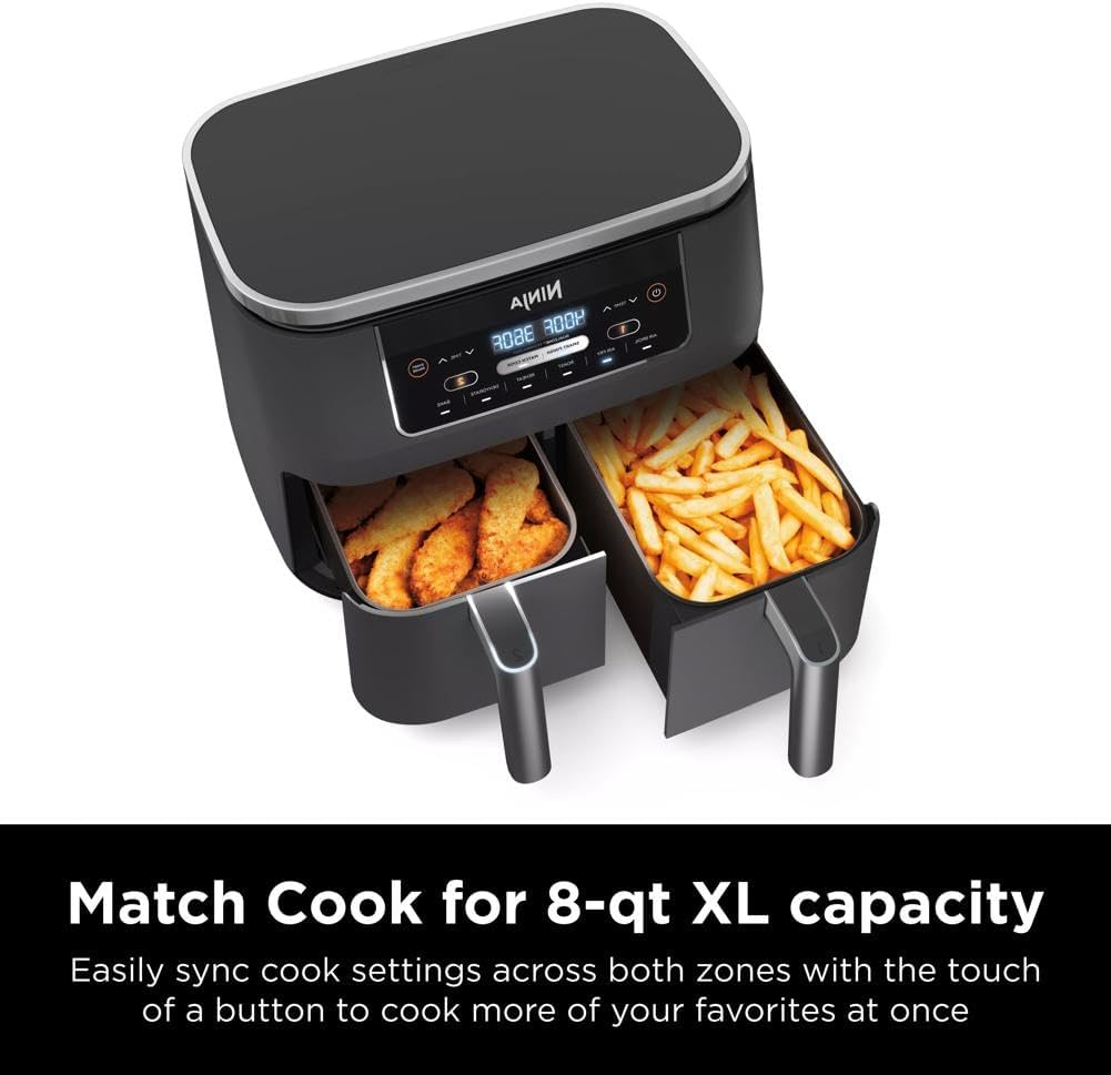 Ninja DZ201 Foodi 8 Quart DualZone 2-Basket Air Fryer for Quick Meals, Grey Color, 6 Functions in 1