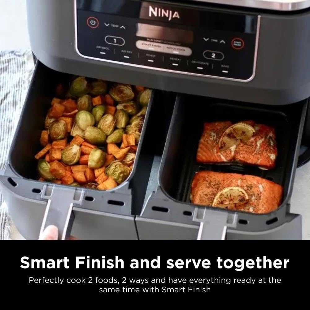 Ninja DZ201 Foodi 8 Quart DualZone 2-Basket Air Fryer for Quick Meals, Grey Color, 6 Functions in 1