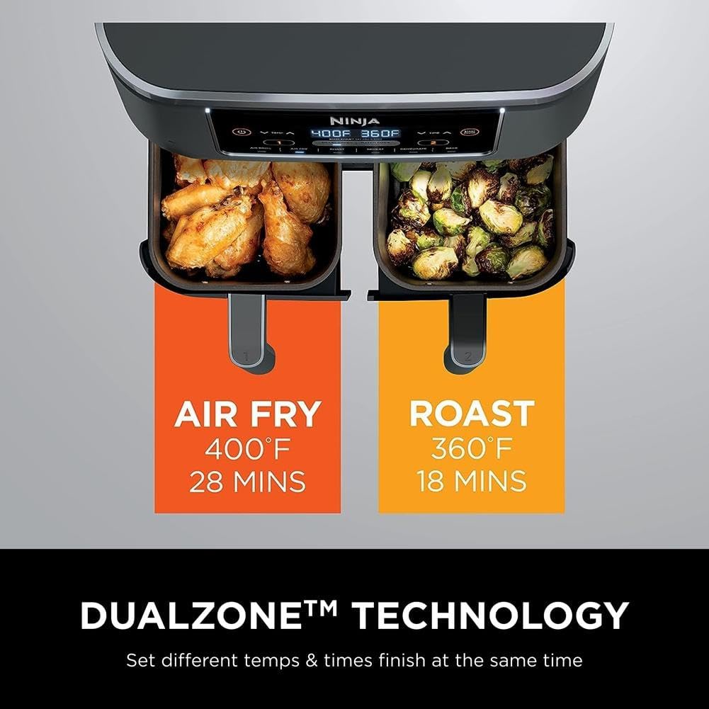 Ninja DZ201 Foodi 8 Quart DualZone 2-Basket Air Fryer for Quick Meals, Grey Color, 6 Functions in 1