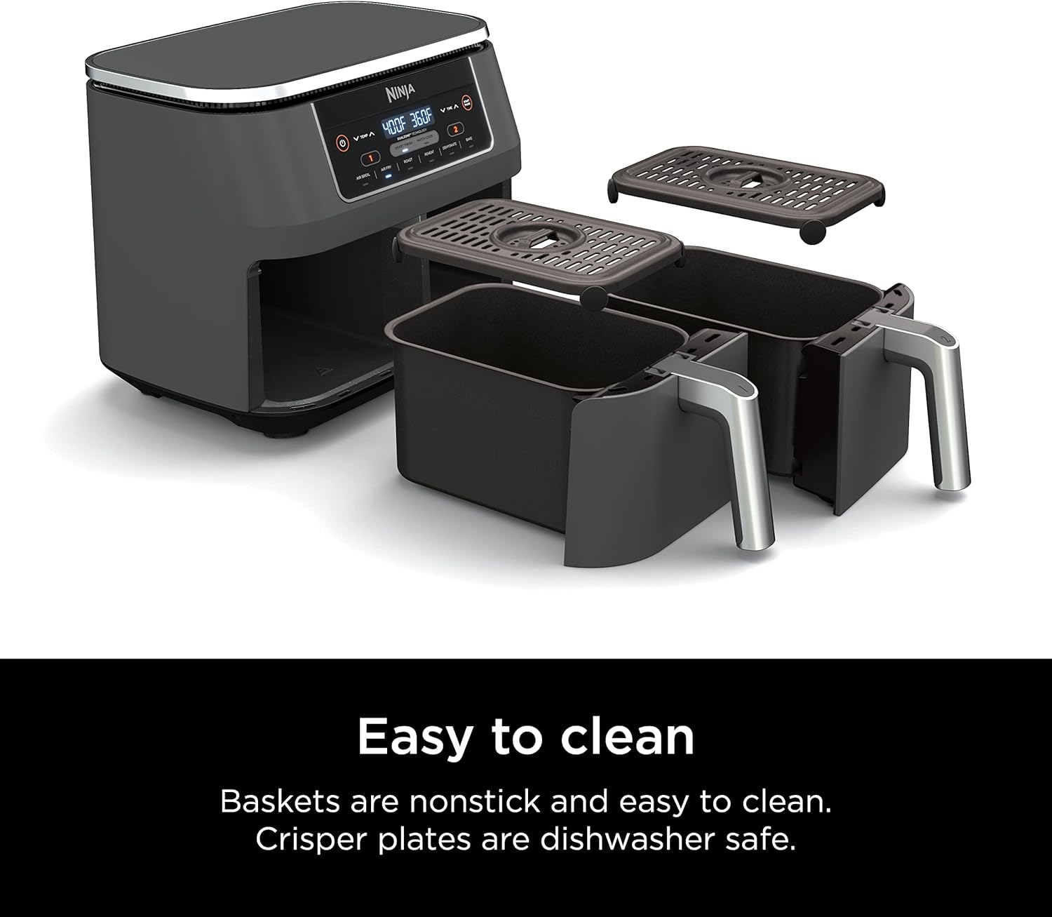 Ninja DZ201 Foodi 8 Quart DualZone 2-Basket Air Fryer for Quick Meals, Grey Color, 6 Functions in 1