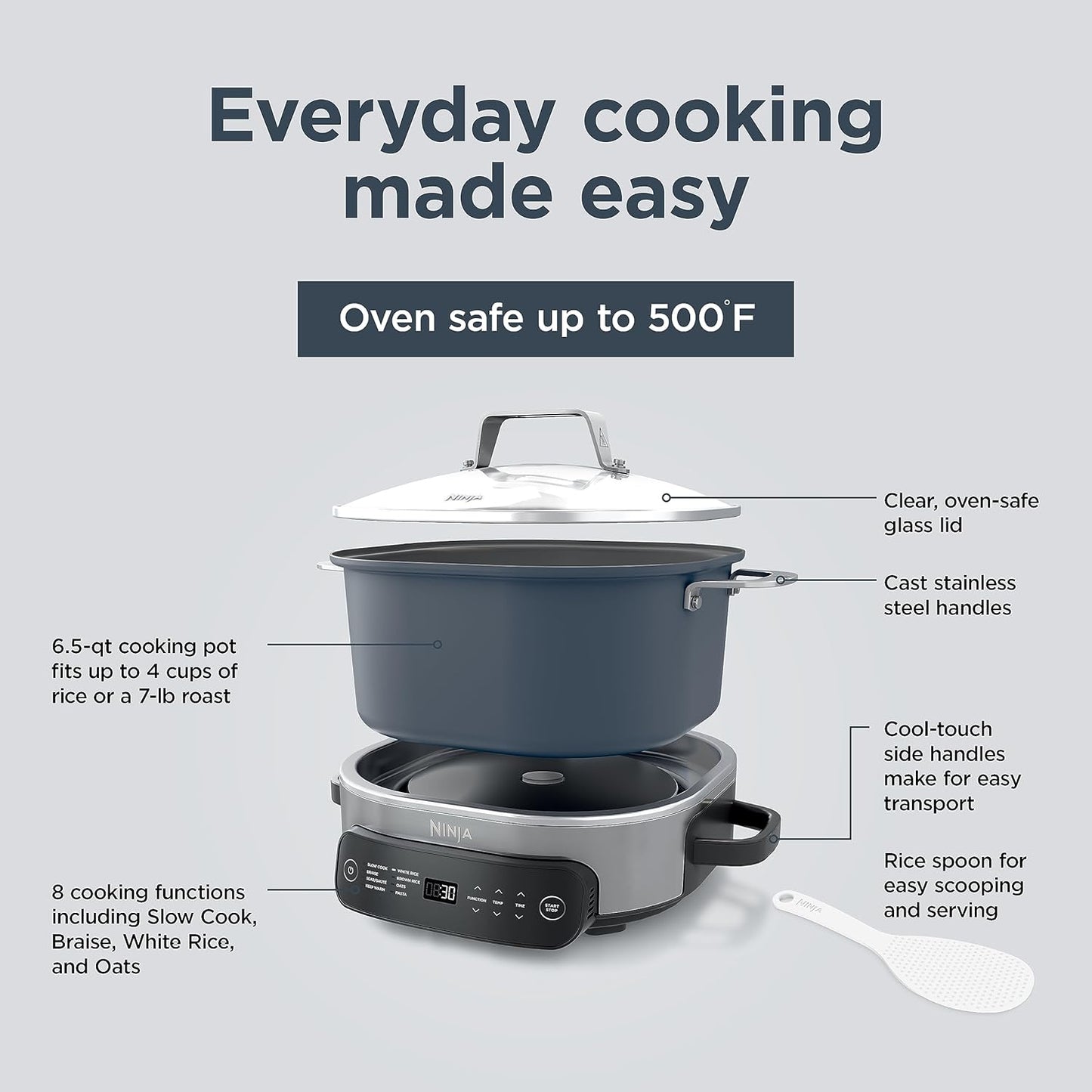 Ninja MC1101 Foodi Everyday Cooker Pro, 6.5 QT, 8-in-1 Versatility, One-Pot Cooking, Faster Cooking, Family-Sized Capacity, Adjustable Temp Control - Midnight Blue