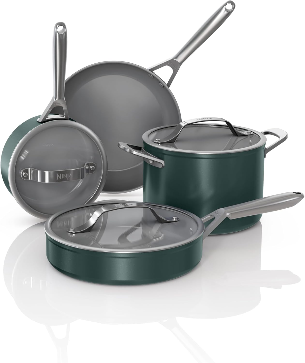 Ninja NeverStick Ceramic Pro 7-Piece Cookware Set - Non-Stick Pots & Pans with Glass Lids - Stovetop to Oven Safe - Induction Compatible - Green