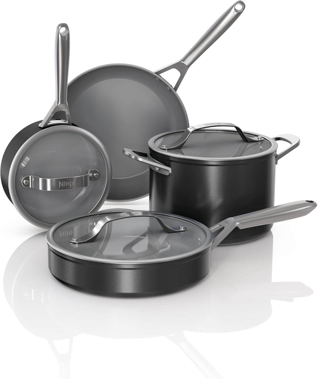 Ninja NeverStick Ceramic Pro 7-Piece Cookware Set, Non-Stick Pots & Pans with Glass Lids, Stainless Steel Handles - Stovetop to Oven Safe, All Stovetops & Induction Compatible - Black