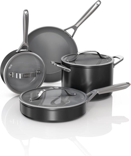 Ninja NeverStick Ceramic Pro 7-Piece Cookware Set, Non-Stick Pots & Pans with Glass Lids, Stainless Steel Handles - Stovetop to Oven Safe, All Stovetops & Induction Compatible - Black