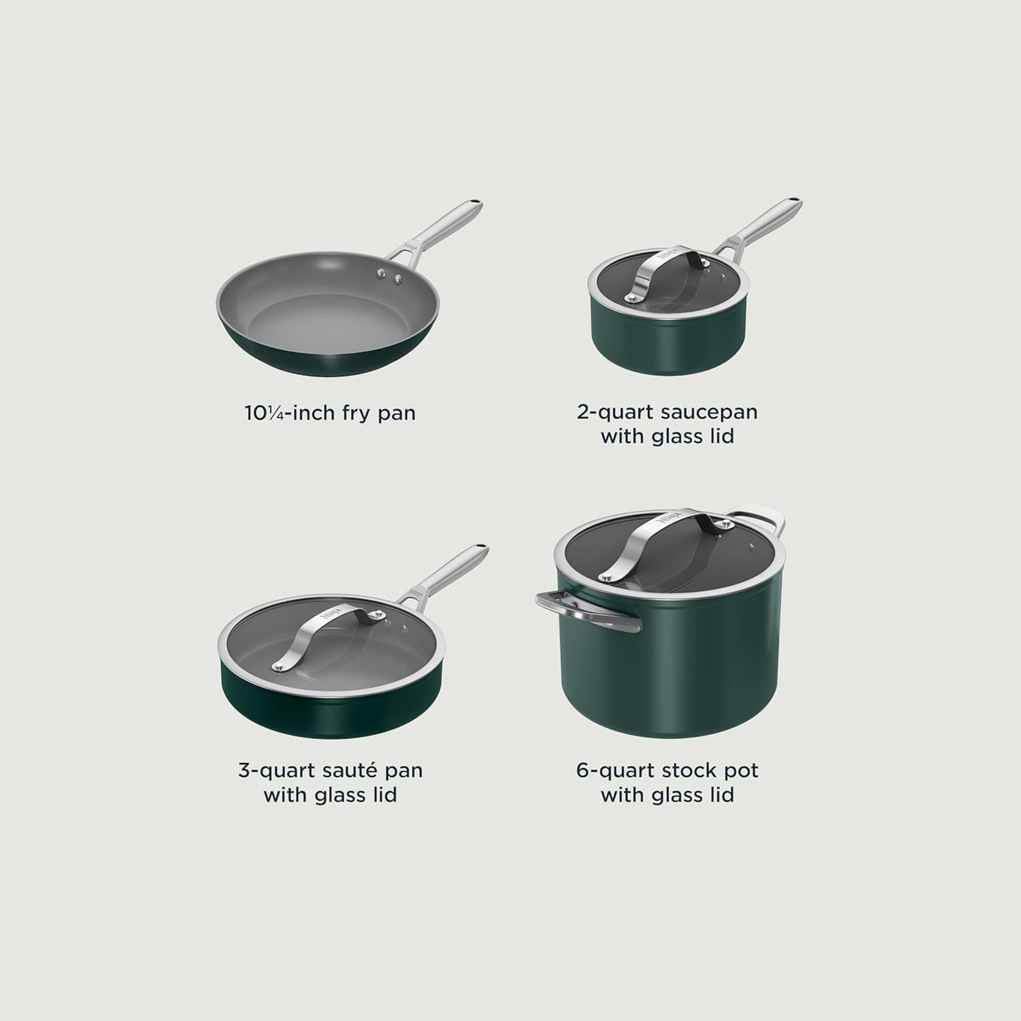 Ninja NeverStick Ceramic Pro 7-Piece Cookware Set - Non-Stick Pots & Pans with Glass Lids - Stovetop to Oven Safe - Induction Compatible - Green