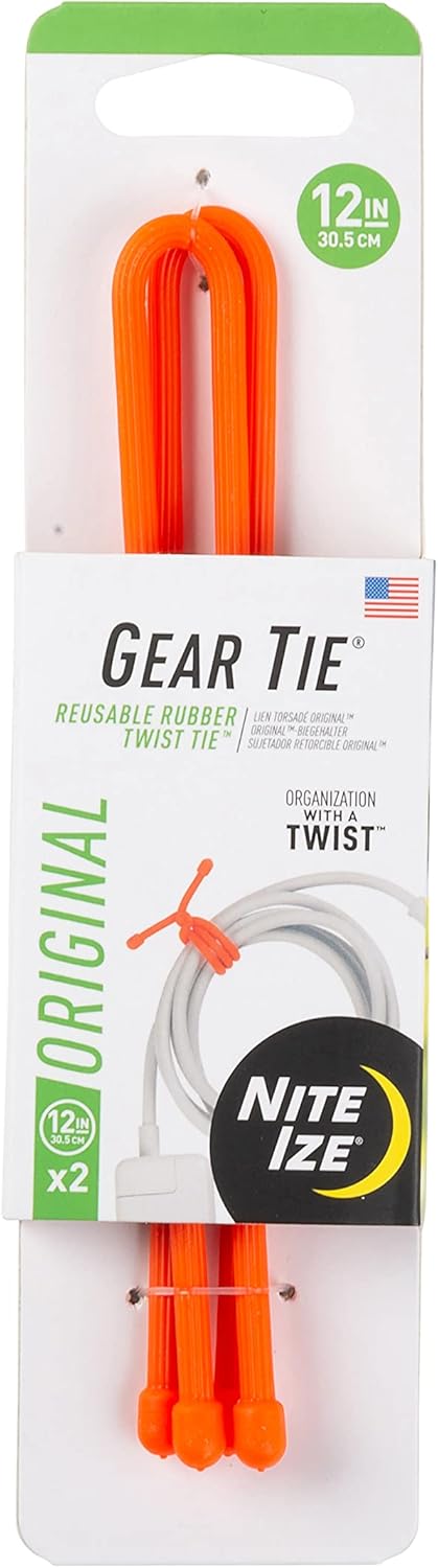 Nite Ize Original Gear 12 Inch Reusable Rubber Twist Tie 2-Pack Bright Orange - Made in USA