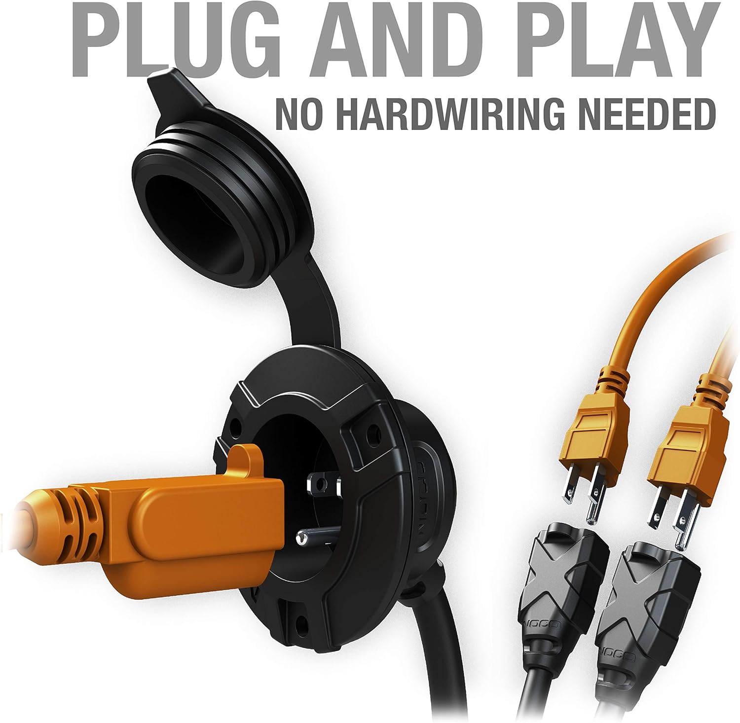 NOCO GCP2 15A AC Port Plug with Waterproof Outlet Receptacle Box and Dual 18-Inch Extension Cords