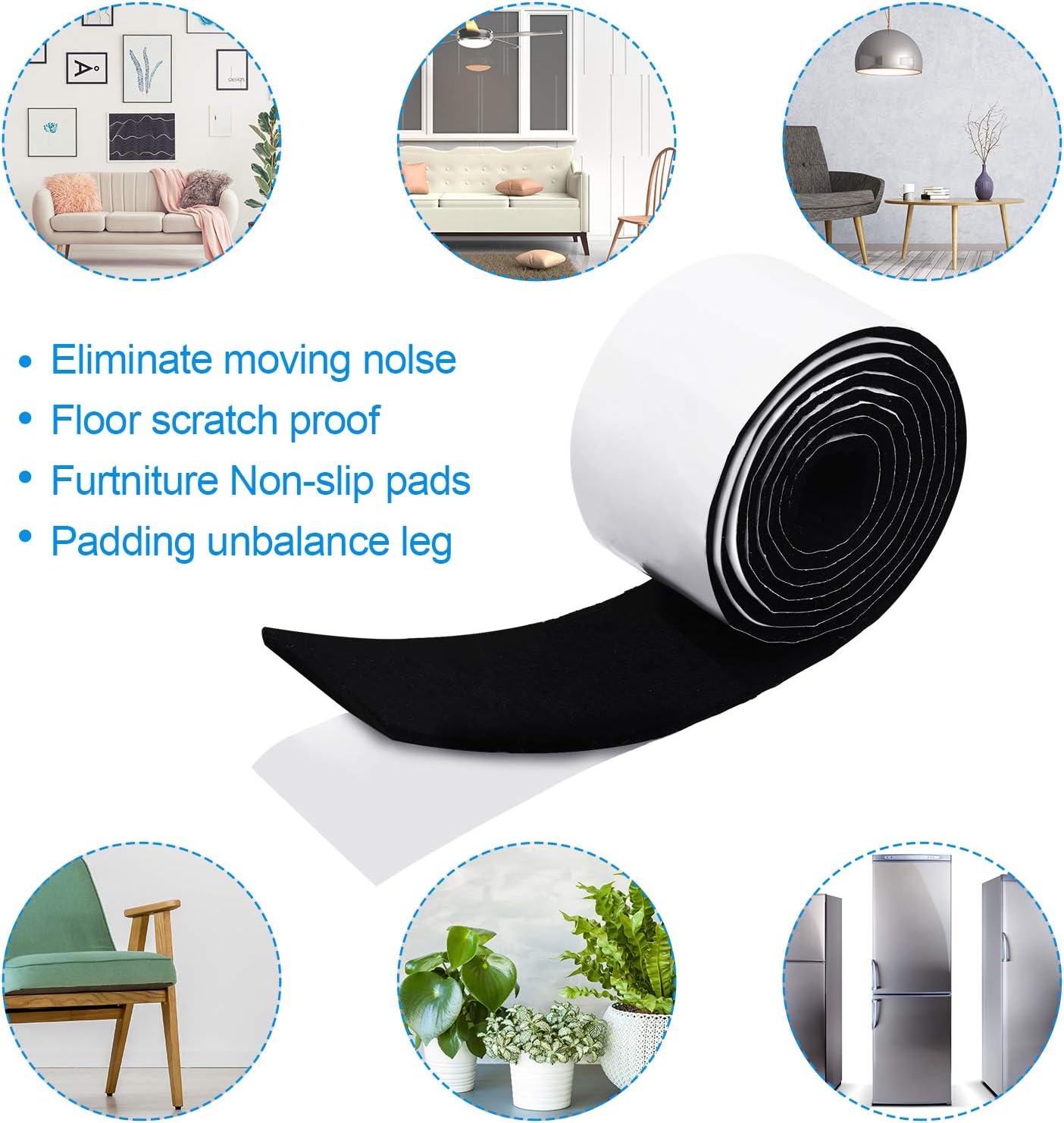Non Slip Felt Furniture Pads with Adhesive Backing - 2 Pack Felt Strips for Hardwood Floors - Chair Wall Protector - Black, 120 x 2 x 0.12 Inch