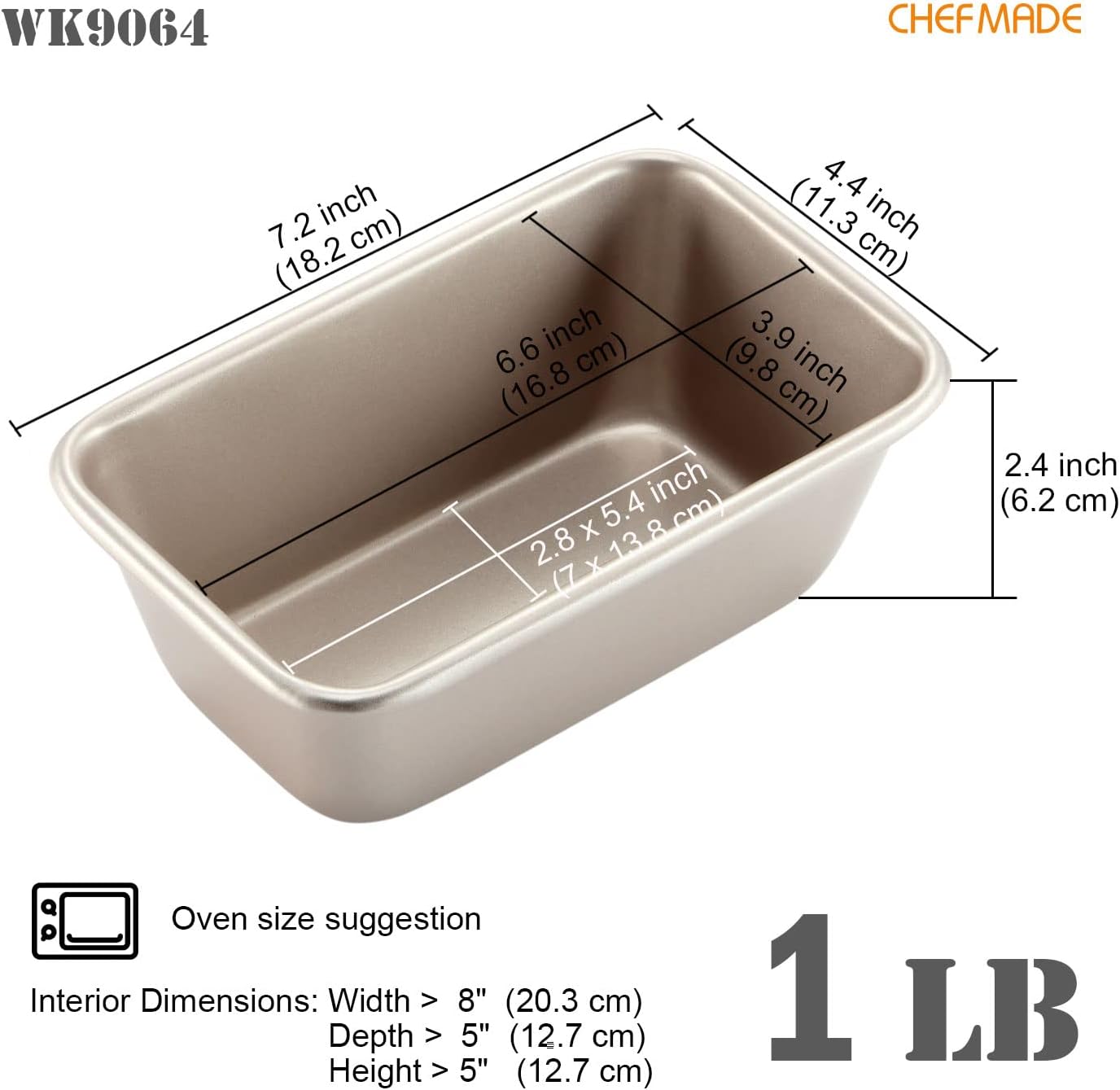 Non-Stick 1LB Rectangle Loaf Pan for Oven Baking - ChefMade Oblong Bread and Meat Bakeware in Champagne Gold Color