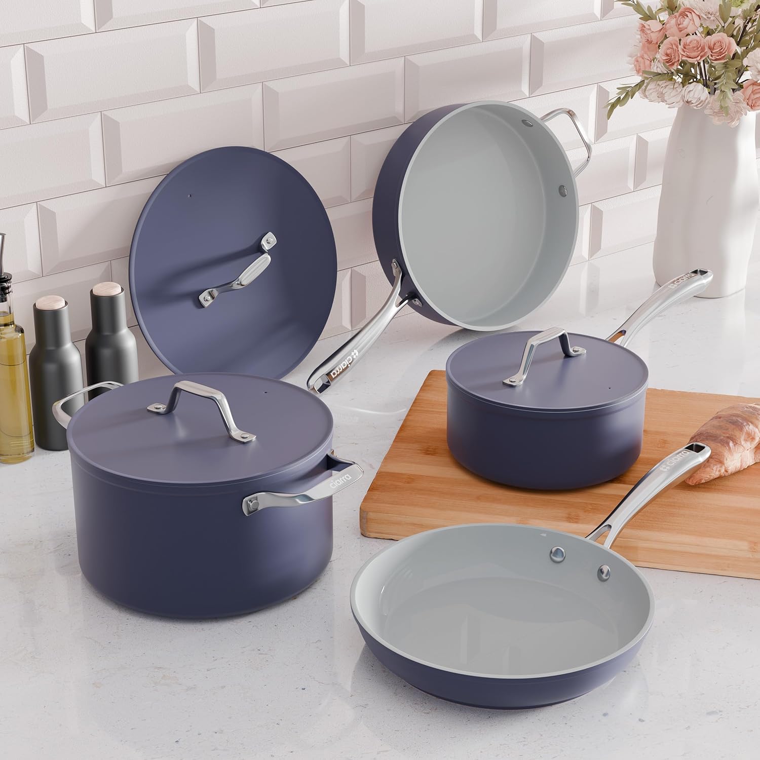 Non Stick Ceramic Cookware Set with Lids - PTFE & PFOA Free - Oven Safe - Blue Color - Compatible with All Stovetops