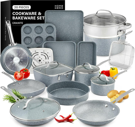 Non Stick Pots and Pans Set 20 Piece - Induction Ready Cookware and Bakeware, PFOA Free, Oven Safe - Granite Finish