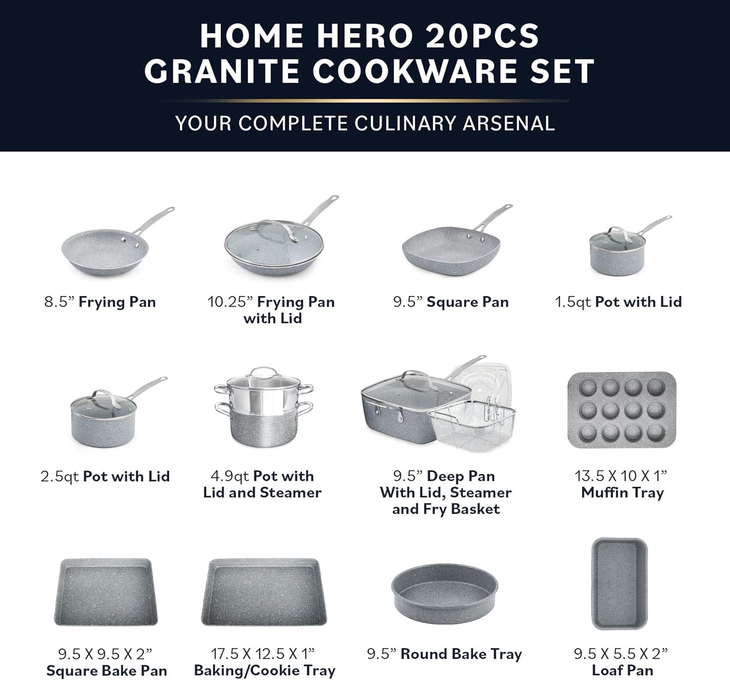 Non Stick Pots and Pans Set 20 Piece - Induction Ready Cookware and Bakeware, PFOA Free, Oven Safe - Granite Finish