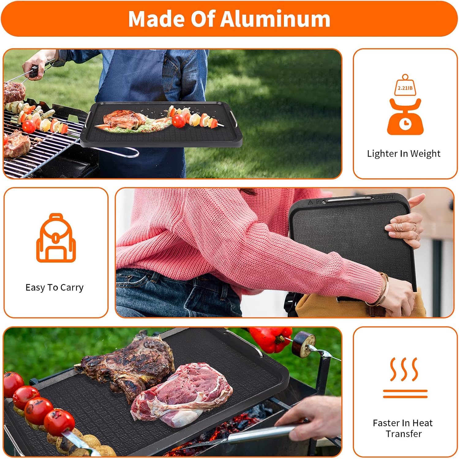 Non-Stick Stovetop Flat Top Griddle Grill Pan - 14.96" x 8.66" - Works with Power XL, Chefman, Cusimax - Aluminum - Dishwasher Safe