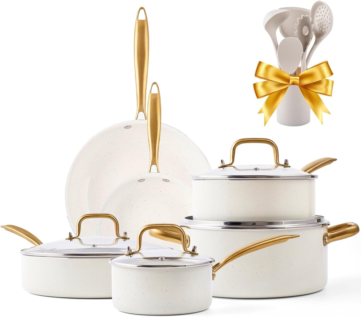 Non-Toxic Ceramic Cookware Set with Dutch Oven, Frying Pan, and Utensils - Gold Kitchen Pots and Pans Gift Set