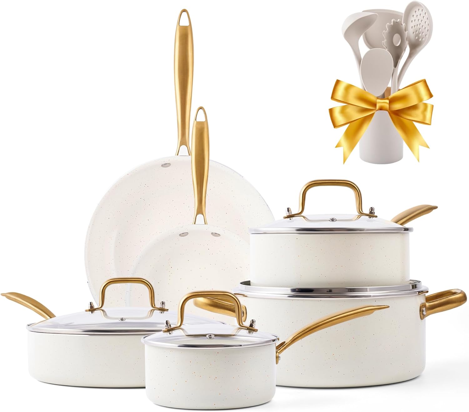 Non-Toxic Ceramic Cookware Set with Dutch Oven, Frying Pan, and Utensils - Gold Kitchen Pots and Pans Gift Set