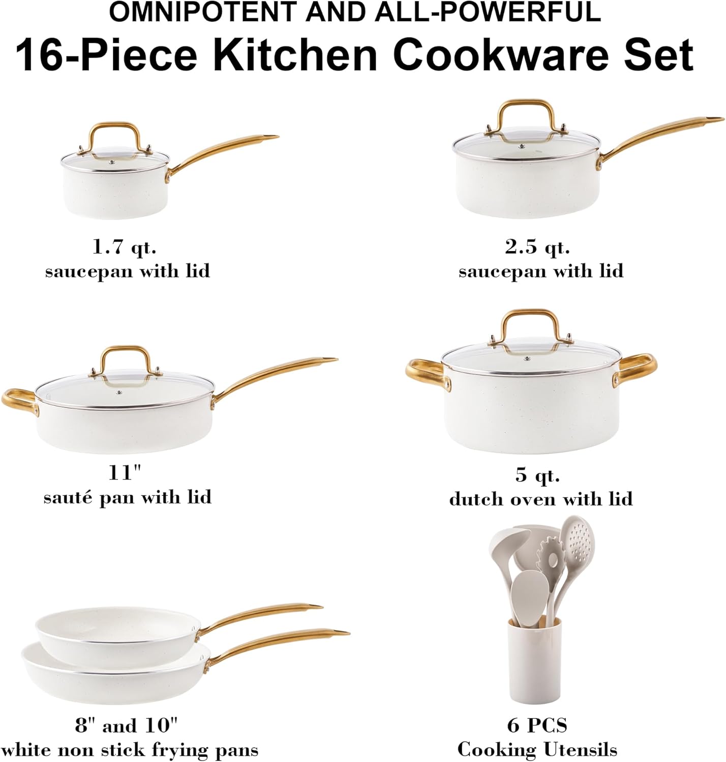 Non-Toxic Ceramic Cookware Set with Dutch Oven, Frying Pan, and Utensils - Gold Kitchen Pots and Pans Gift Set