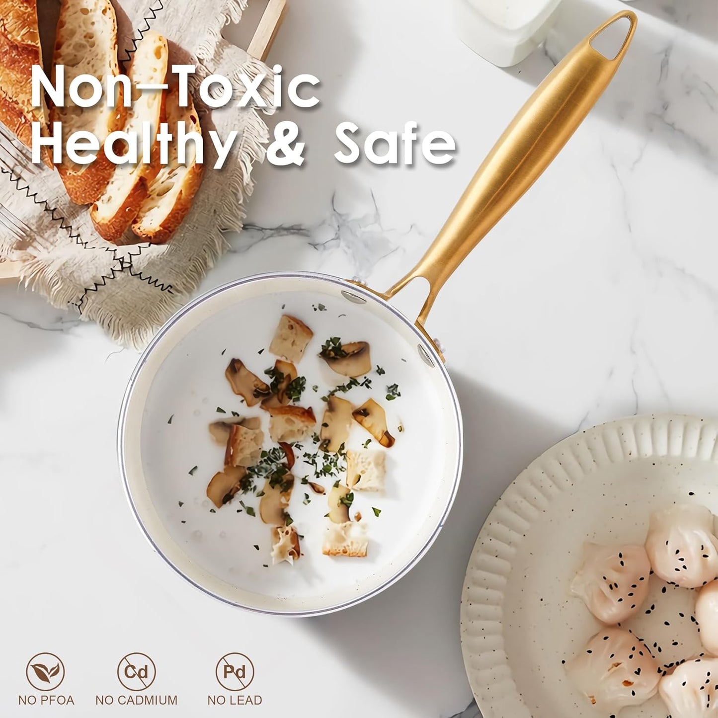 Non-Toxic Ceramic Cookware Set with Dutch Oven, Frying Pan, and Utensils - Gold Kitchen Pots and Pans Gift Set