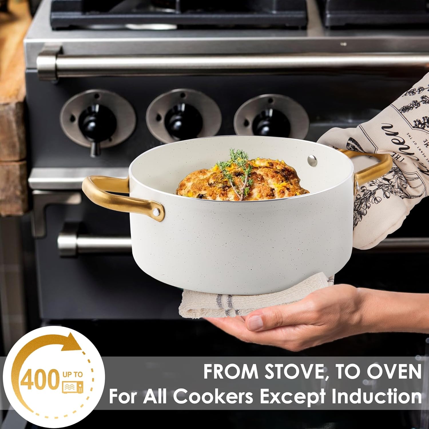 Non-Toxic Ceramic Cookware Set with Dutch Oven, Frying Pan, and Utensils - Gold Kitchen Pots and Pans Gift Set