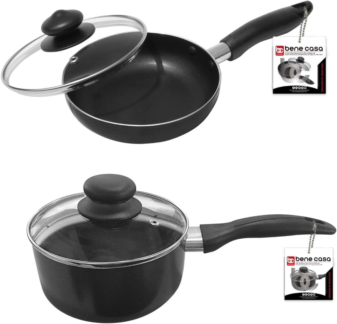 Nonstick Aluminum Frying Pan Set with Glass Lid - 6" & 2 Qt. Saucepan Bundle - Oven/Dishwasher Safe - Easy Cleaning