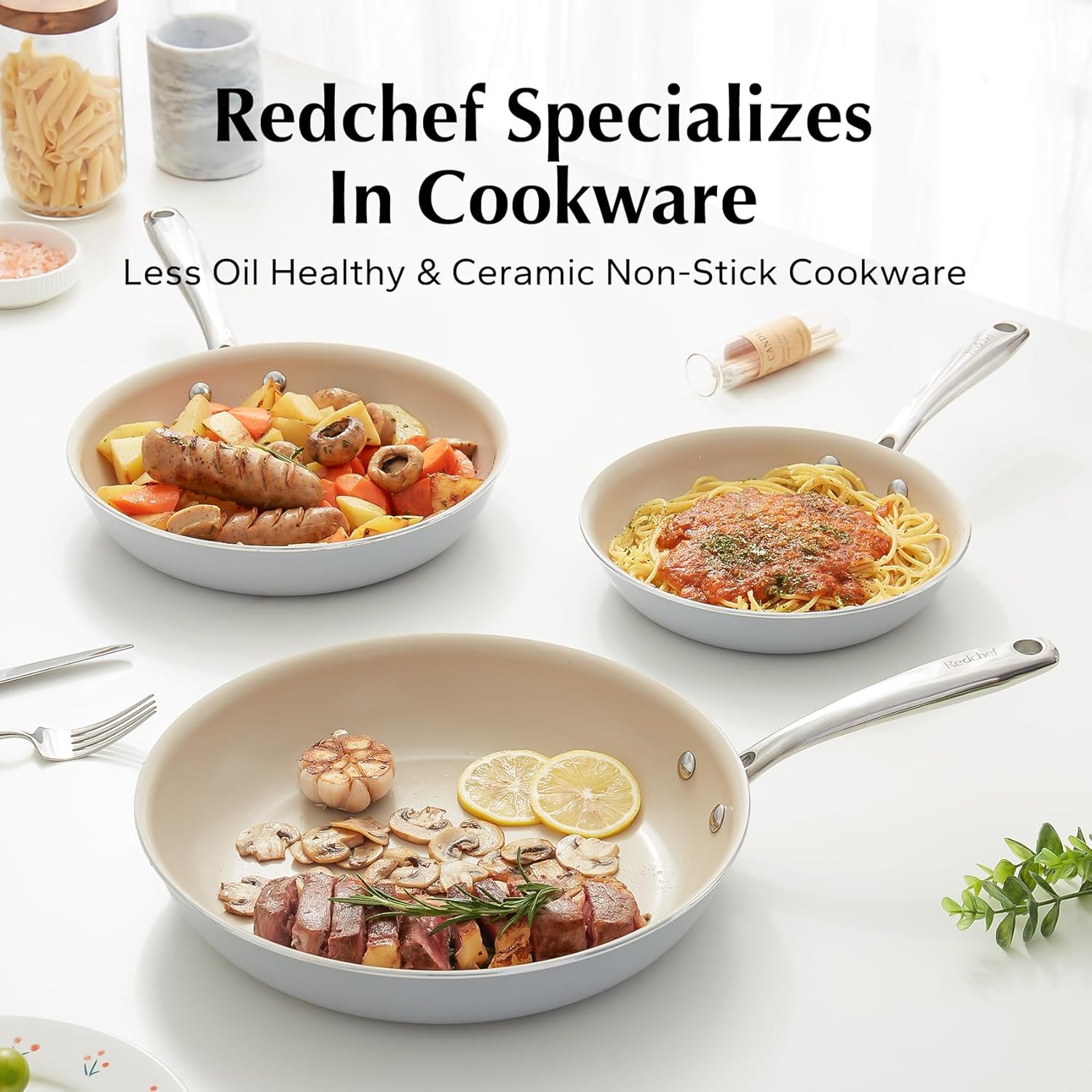 Nonstick Ceramic Pots and Pans Set - Non Toxic, PFAS PFOA & PTFE Free - Redchef Cookware for RV and Kitchen