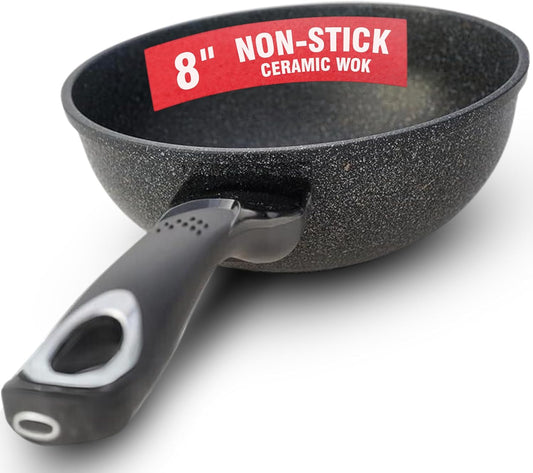 Nonstick Ceramic Wok and Frying Pan Set - Premium 9-Layered Cookware for Saute and Stir-Fry - Induction Ready 8-Inch
