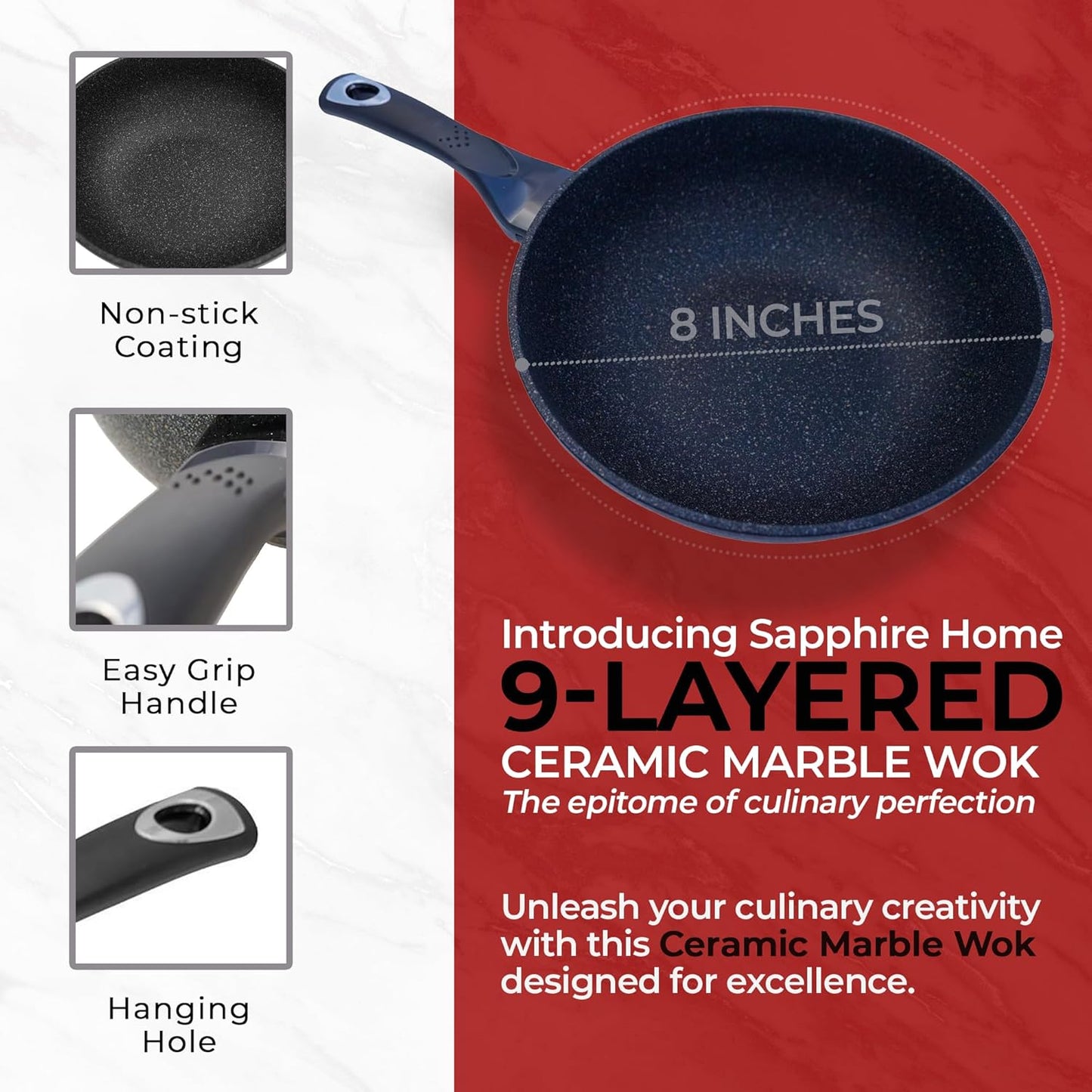 Nonstick Ceramic Wok and Frying Pan Set - Premium 9-Layered Cookware for Saute and Stir-Fry - Induction Ready 8-Inch