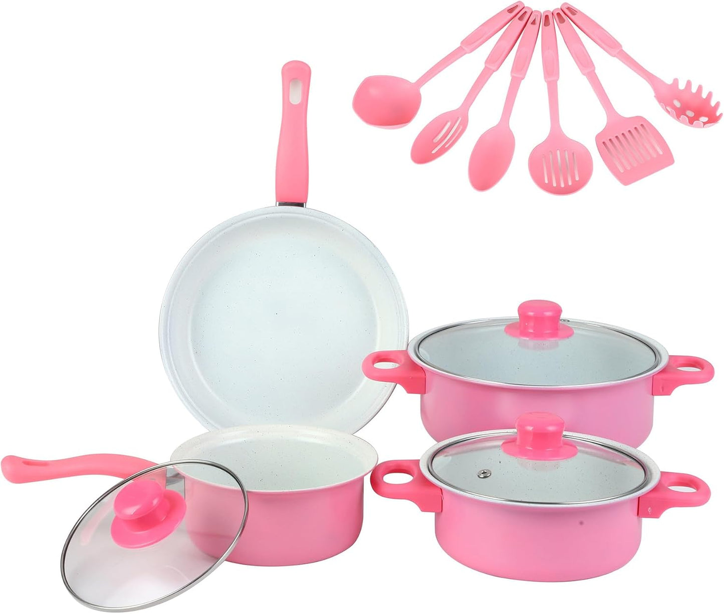 Nonstick Cookware Set, 13 Piece Pots and Pans with Utensils, Scratch Resistant Cooking Surface, All Stove Compatible - Pink Color