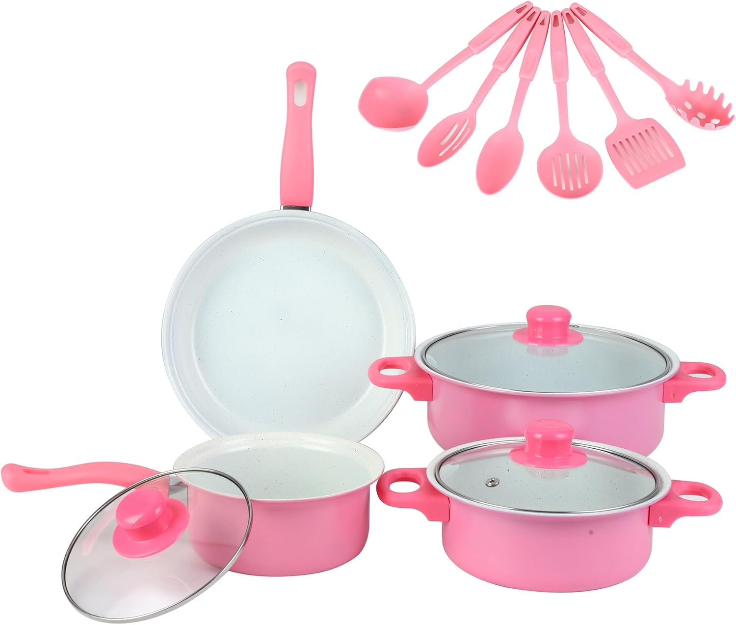 Nonstick Cookware Set, 13 Piece Pots and Pans with Utensils, Scratch Resistant Cooking Surface, All Stove Compatible - Pink Color