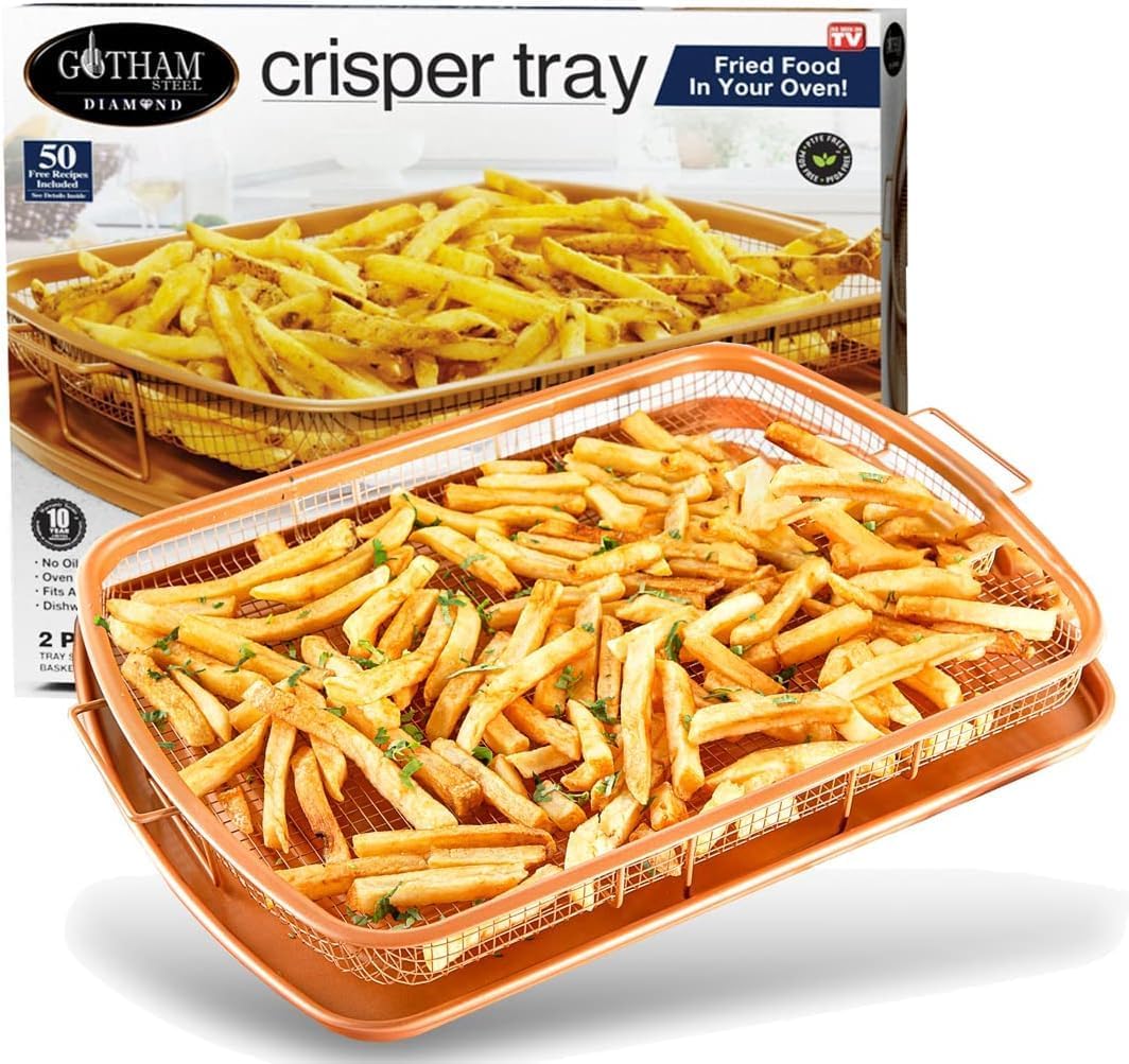 Nonstick Copper Crisper Air Fryer Tray Set for Convection Oven - 2 Piece Gotham Steel Basket for Baking & Crispy Foods - Large 12.5" x 9", Dishwasher Safe