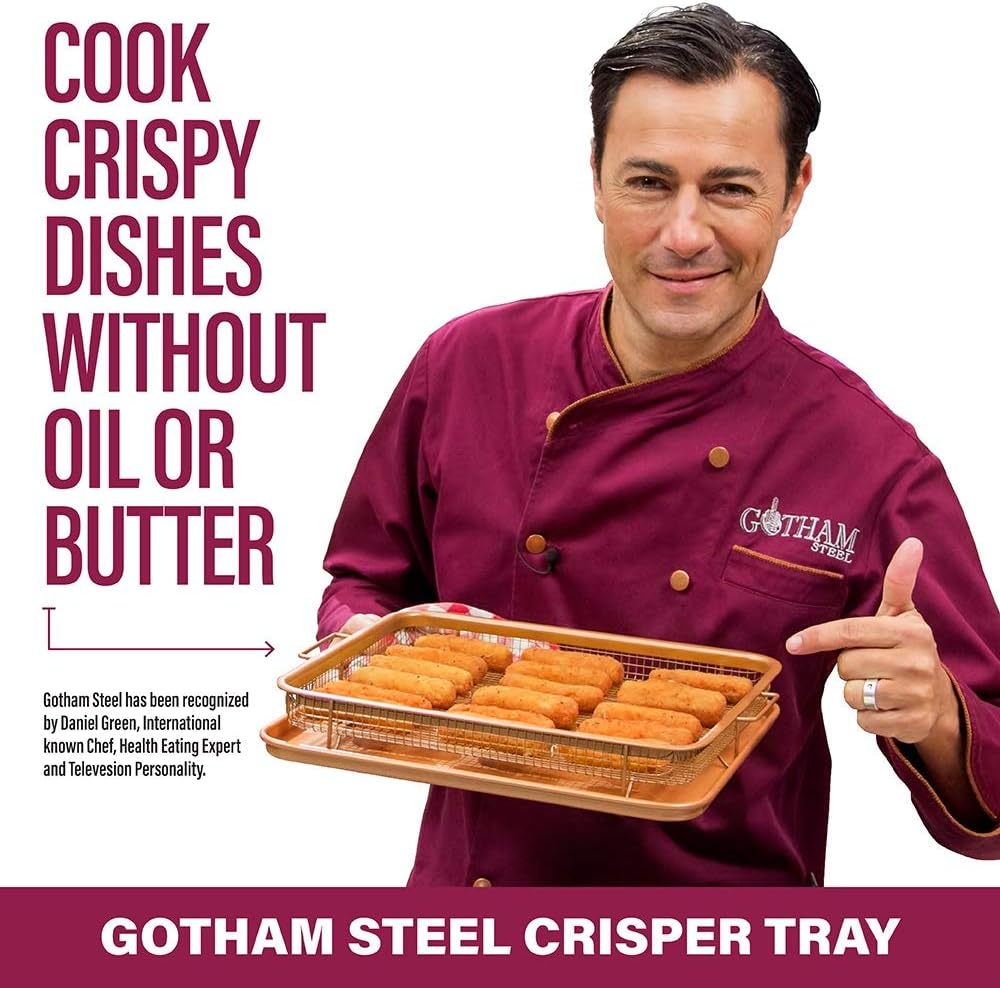 Nonstick Copper Crisper Air Fryer Tray Set for Convection Oven - 2 Piece Gotham Steel Basket for Baking & Crispy Foods - Large 12.5" x 9", Dishwasher Safe