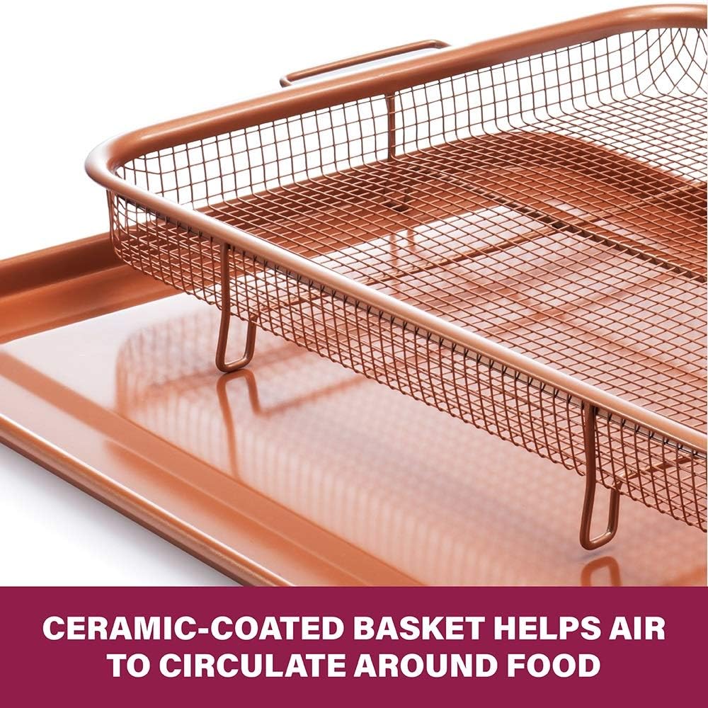 Nonstick Copper Crisper Air Fryer Tray Set for Convection Oven - 2 Piece Gotham Steel Basket for Baking & Crispy Foods - Large 12.5" x 9", Dishwasher Safe