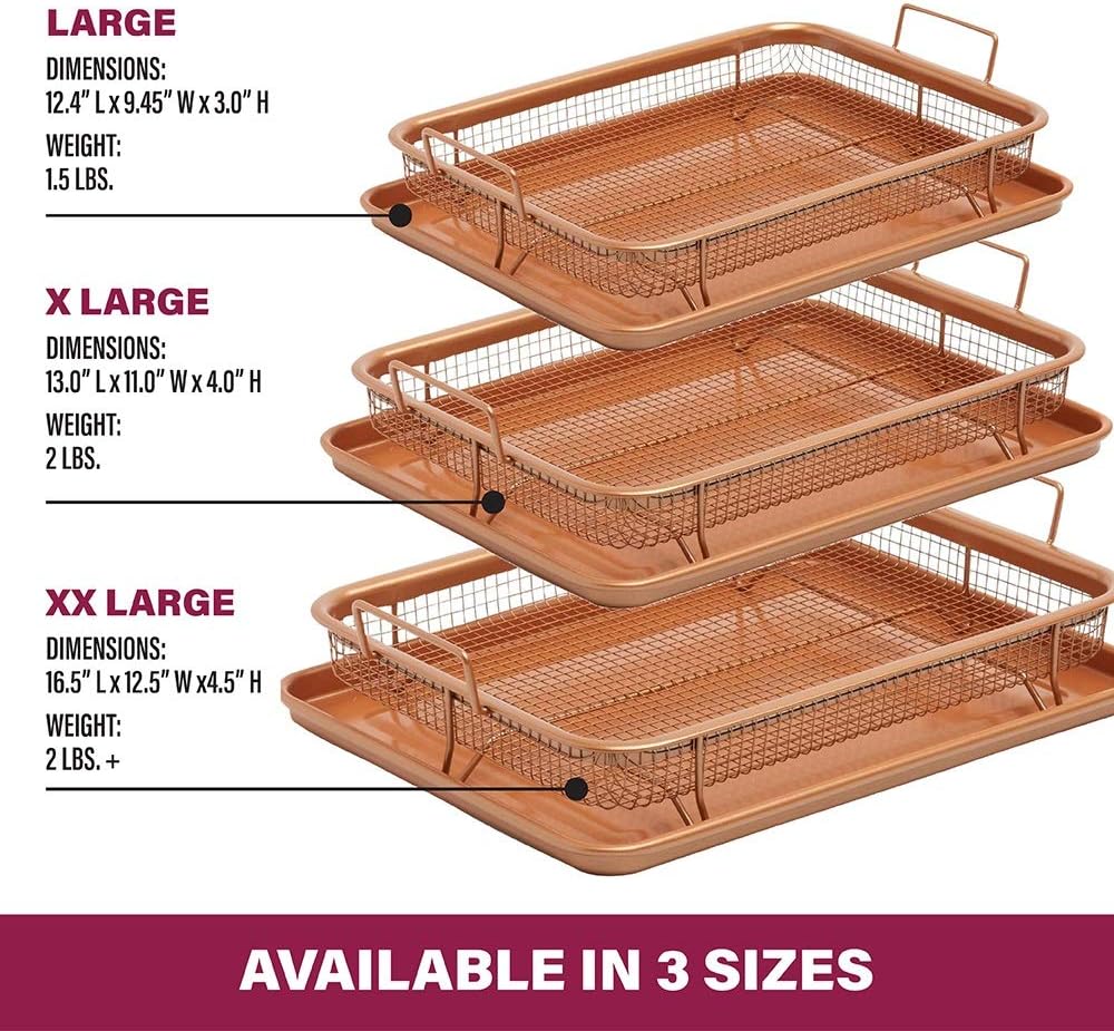 Nonstick Copper Crisper Air Fryer Tray Set for Convection Oven - 2 Piece Gotham Steel Basket for Baking & Crispy Foods - Large 12.5" x 9", Dishwasher Safe