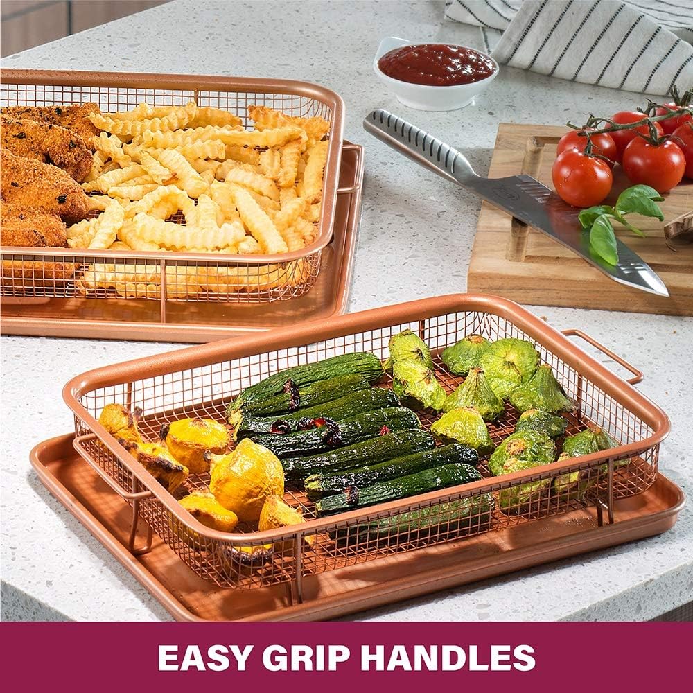 Nonstick Copper Crisper Air Fryer Tray Set for Convection Oven - 2 Piece Gotham Steel Basket for Baking & Crispy Foods - Large 12.5" x 9", Dishwasher Safe