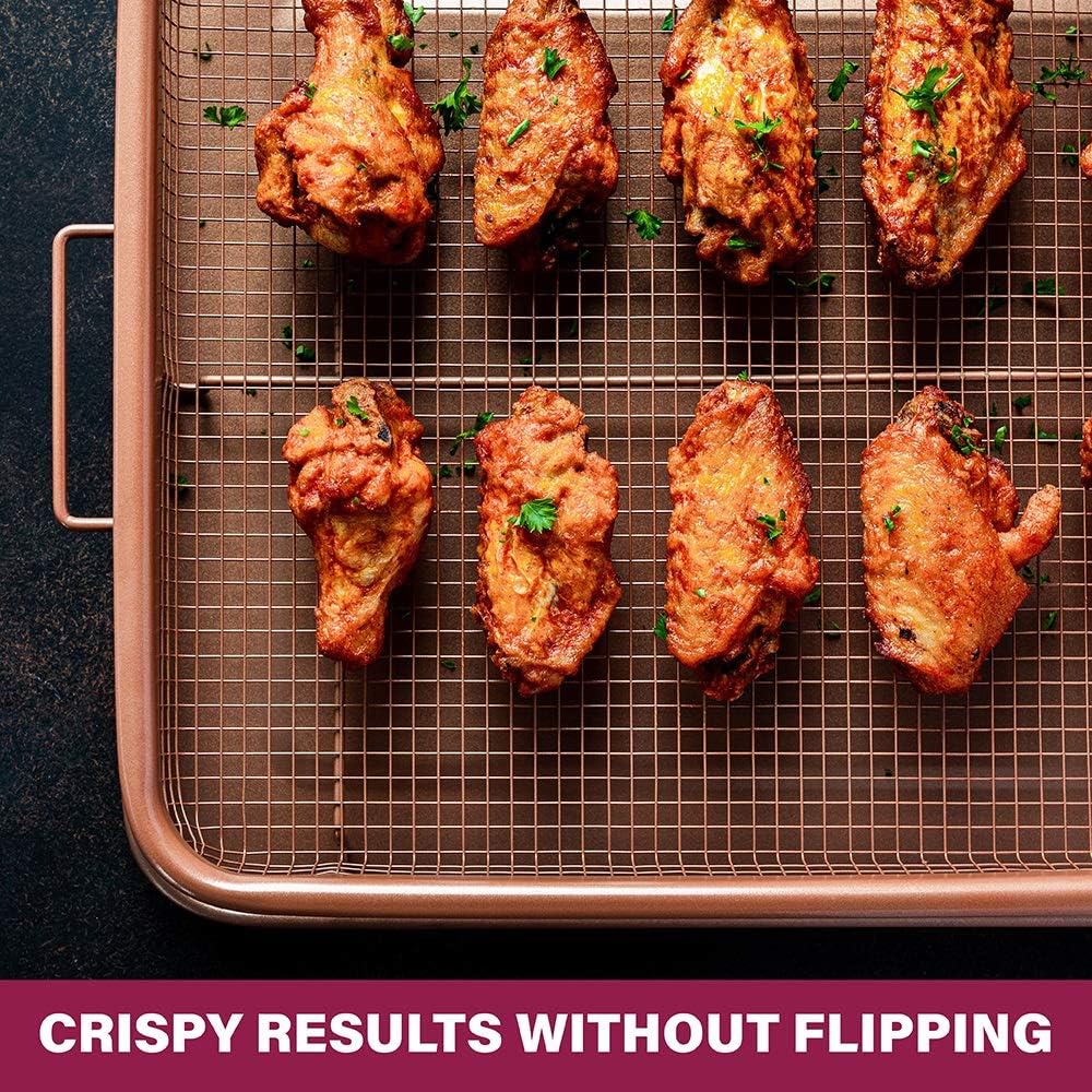 Nonstick Copper Crisper Air Fryer Tray Set for Convection Oven - 2 Piece Gotham Steel Basket for Baking & Crispy Foods - Large 12.5" x 9", Dishwasher Safe