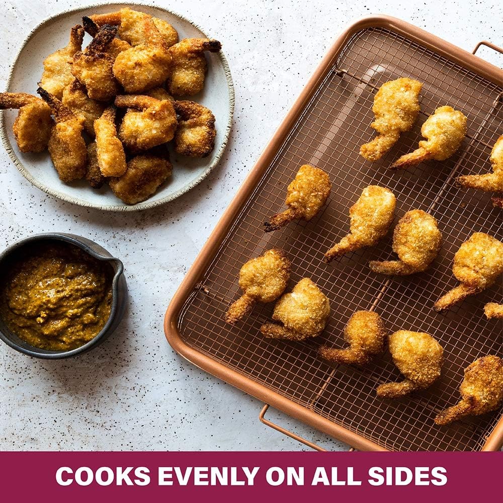 Nonstick Copper Crisper Air Fryer Tray Set for Convection Oven - 2 Piece Gotham Steel Basket for Baking & Crispy Foods - Large 12.5" x 9", Dishwasher Safe