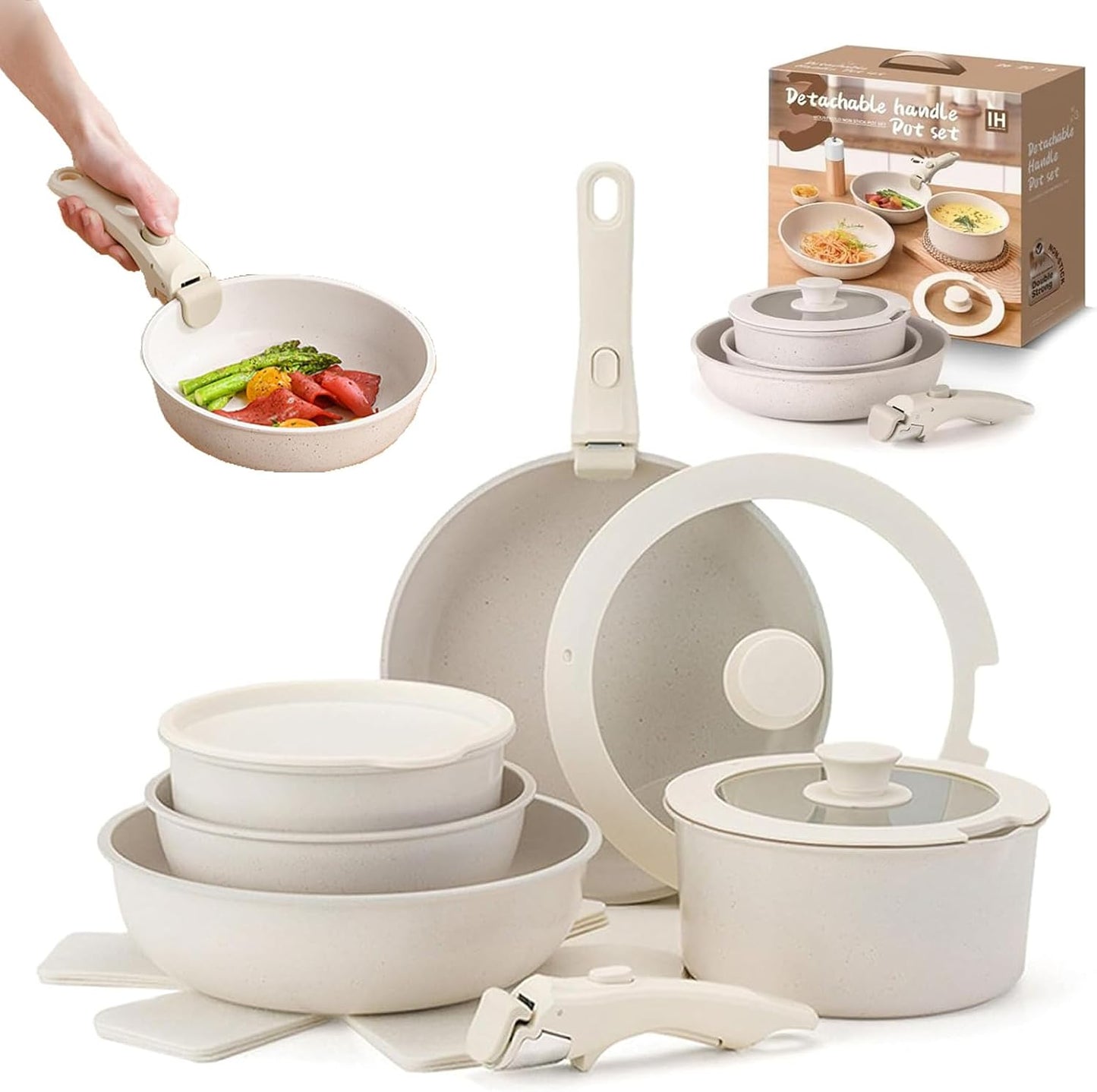Nonstick Gourmetific Cookware Set with Detachable Handle - 11 Piece Ceramic Pots and Pans - Dishwasher Safe Kitchen Set