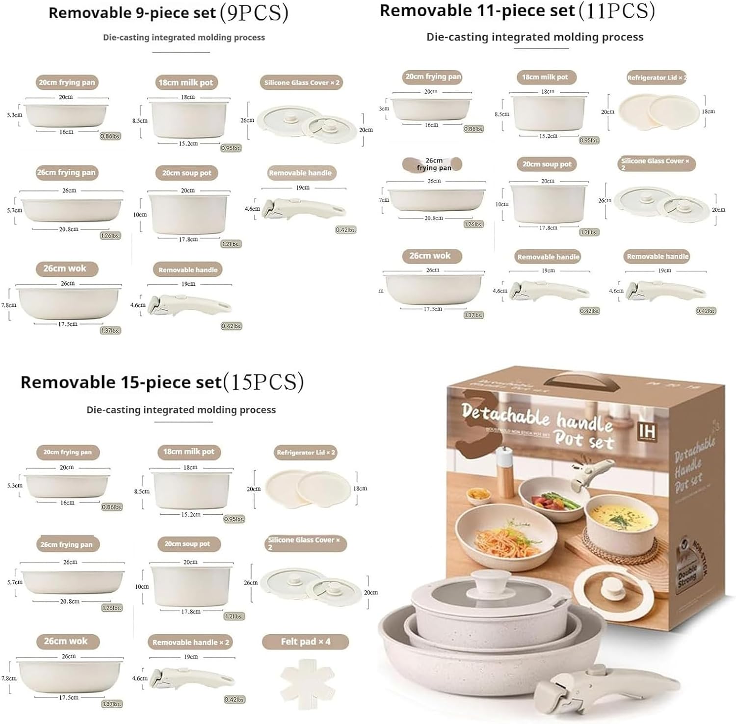 Nonstick Gourmetific Cookware Set with Detachable Handle - 11 Piece Ceramic Pots and Pans - Dishwasher Safe Kitchen Set