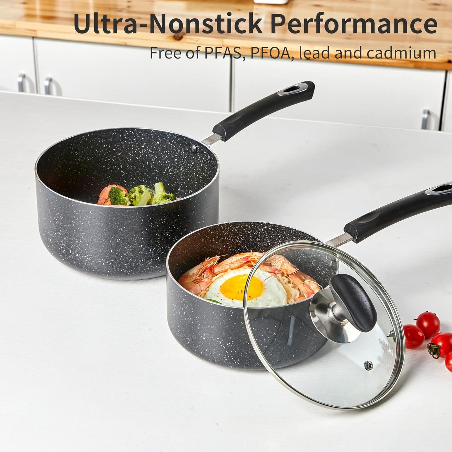 Nonstick Saucepan Set with Glass Lid - 2Qt and 3Qt Non Stick Small Pot for Home Kitchen