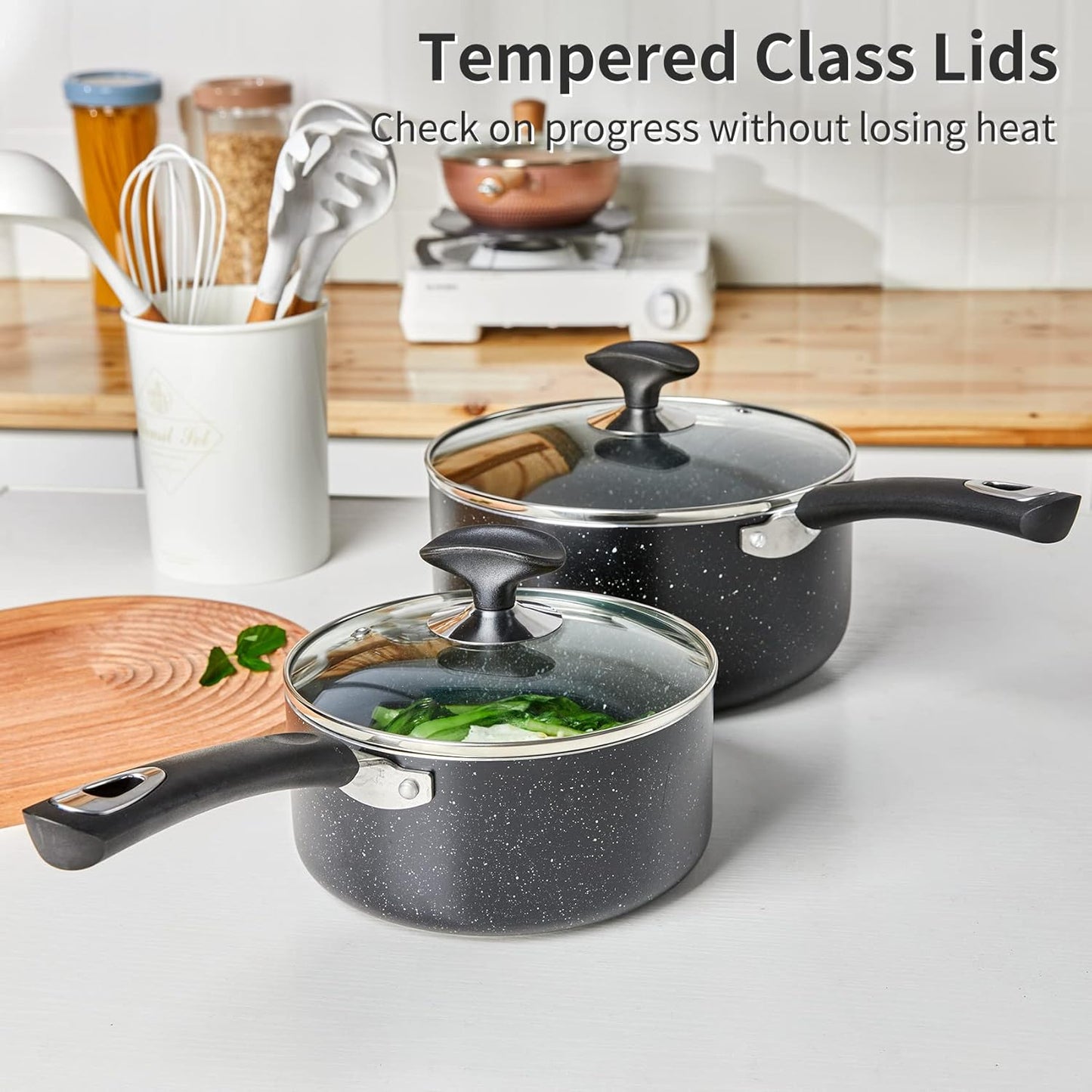 Nonstick Saucepan Set with Glass Lid - 2Qt and 3Qt Non Stick Small Pot for Home Kitchen