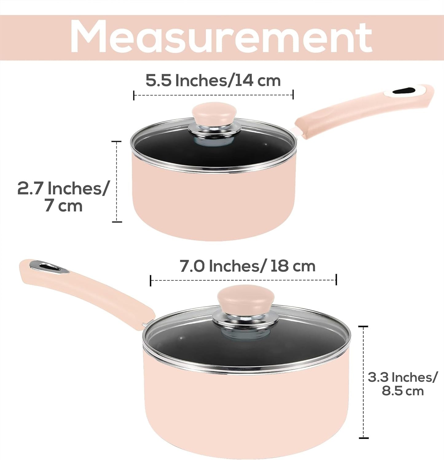 Nonstick Saucepan Set with Lid, 1 Quart and 2 Quarts - Ideal for Home or Restaurant Cooking - Pink-Black Color