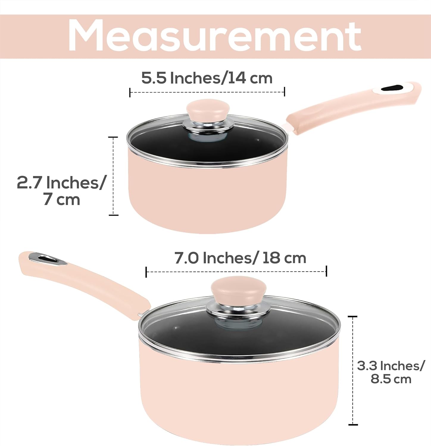 Nonstick Saucepan Set with Lid, 1 Quart and 2 Quarts - Ideal for Home or Restaurant Cooking - Pink-Black Color