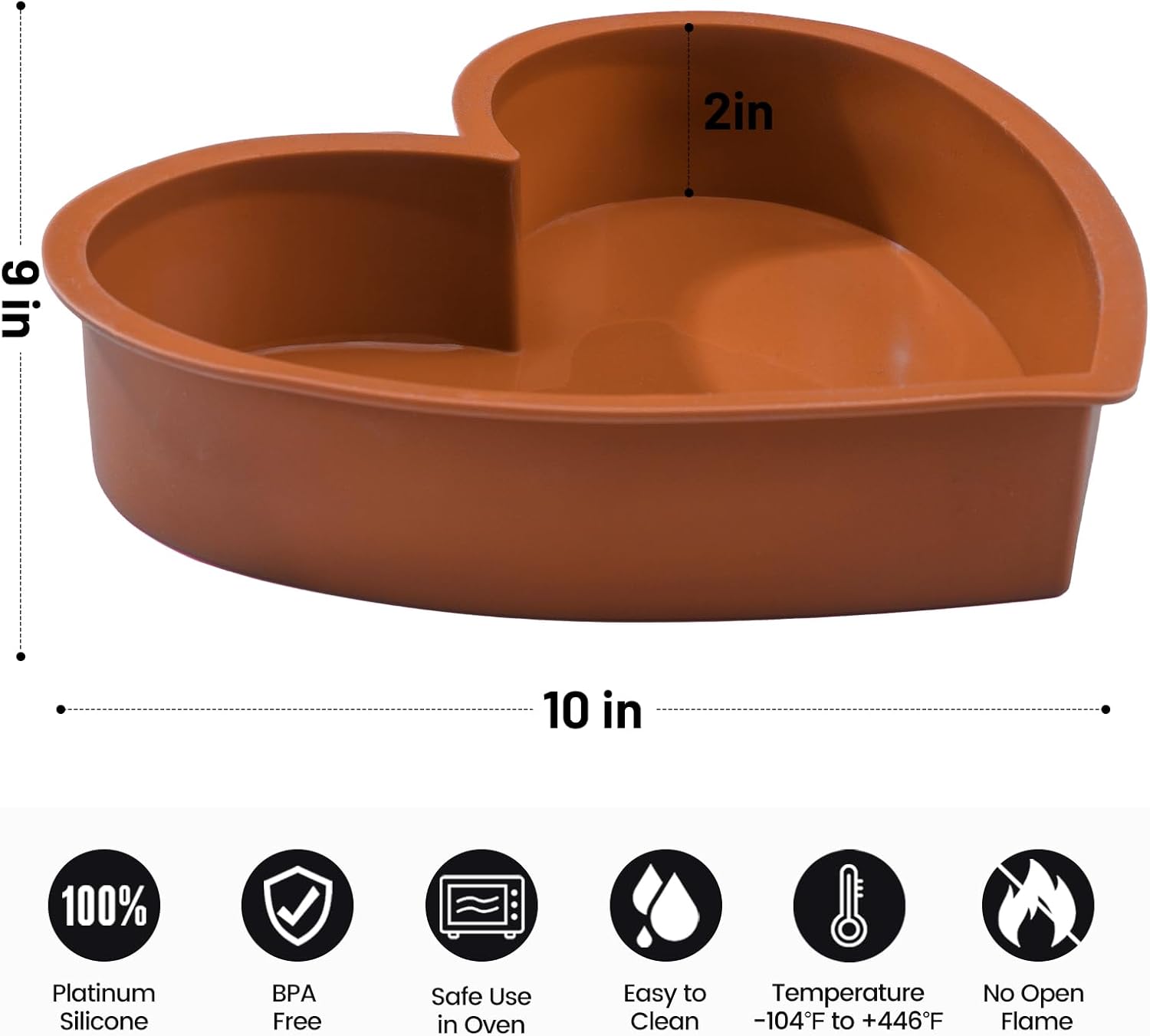 Nonstick Silicone Heart Cake Pans - Set of 2, 10 Inch Heart Shaped Mold, Food Grade Silicone, Oven and Microwave Safe - Brown