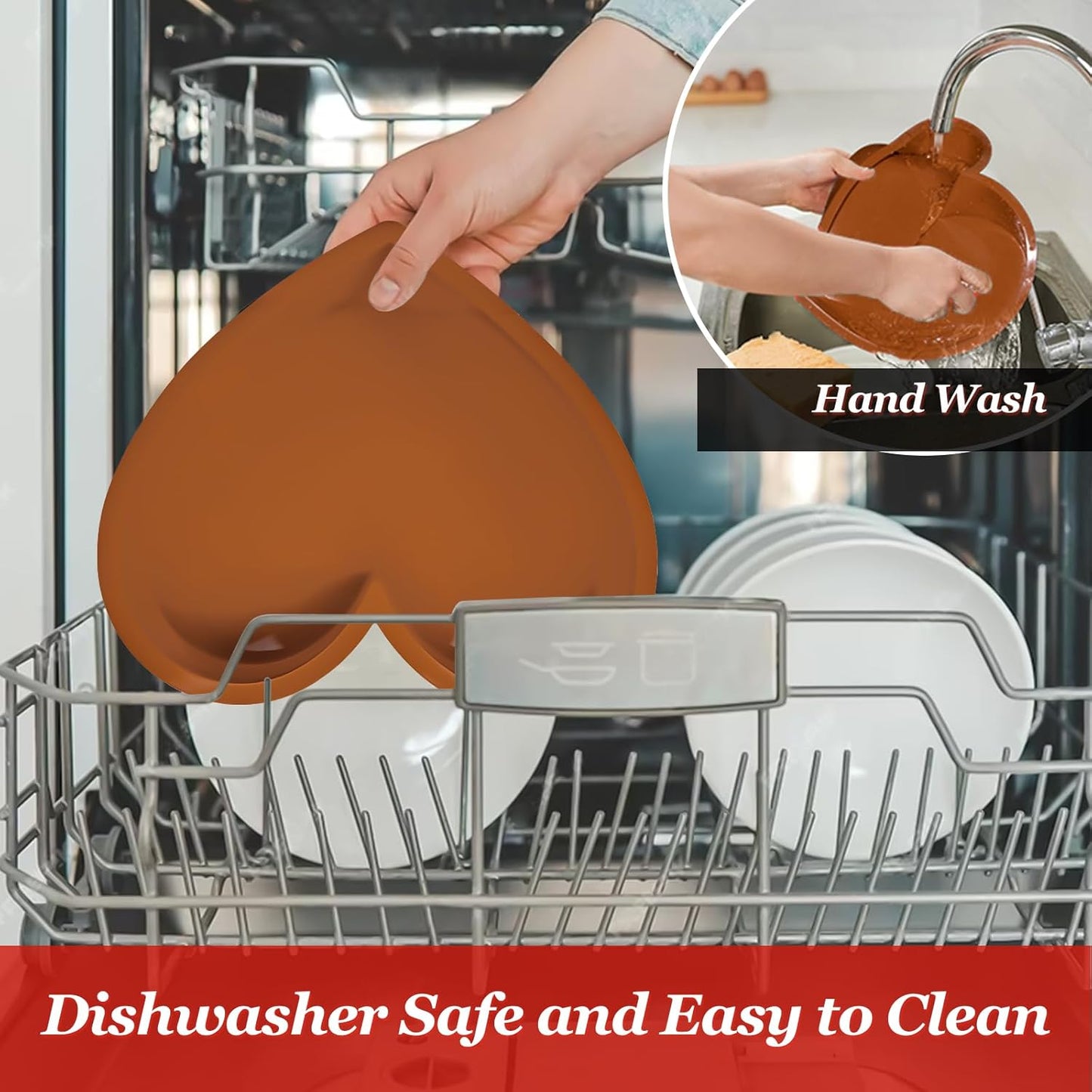 Nonstick Silicone Heart Cake Pans - Set of 2, 10 Inch Heart Shaped Mold, Food Grade Silicone, Oven and Microwave Safe - Brown