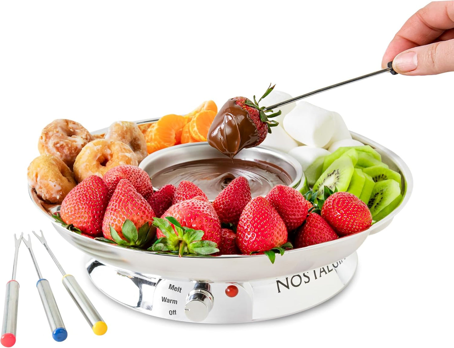 Nostalgia Electric Fondue Pot Set with Temperature Control & 4 Dipping Forks - Chocolate & Cheese Fondue Kit for Parties - Stainless Steel, 10oz