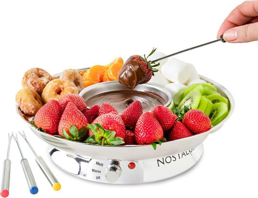 Nostalgia Electric Fondue Pot Set with Temperature Control & 4 Dipping Forks - Chocolate & Cheese Fondue Kit for Parties - Stainless Steel, 10oz